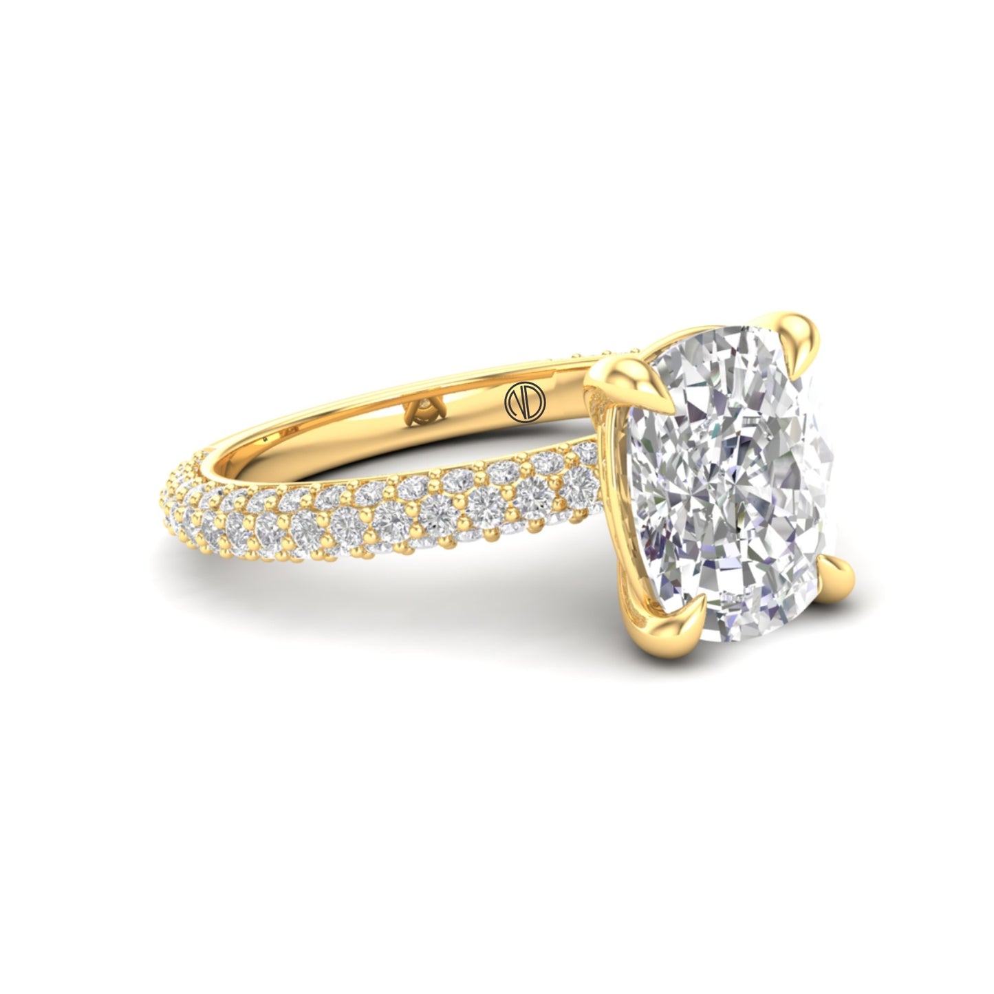 Yellow Gold Cushion Diamond Ring with Pavé Band