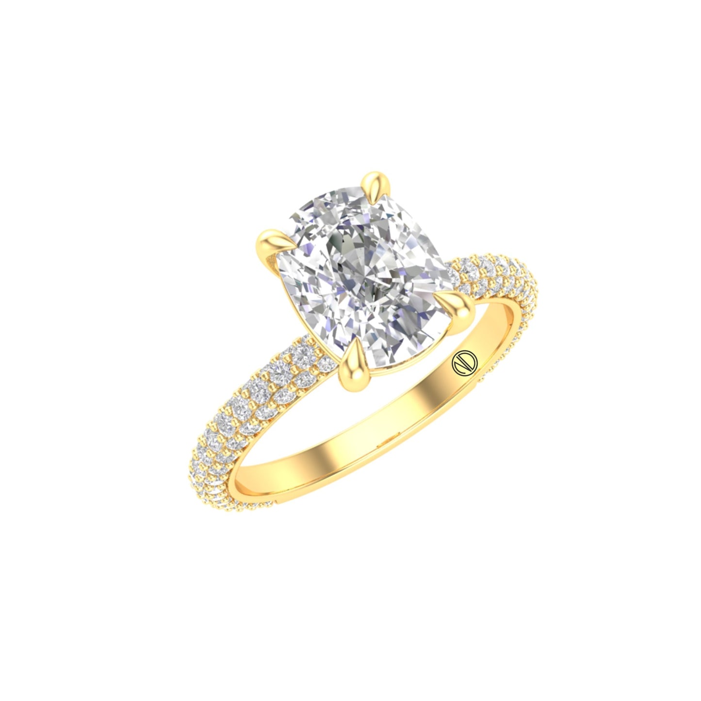Yellow Gold Cushion Diamond Ring with Pavé Band