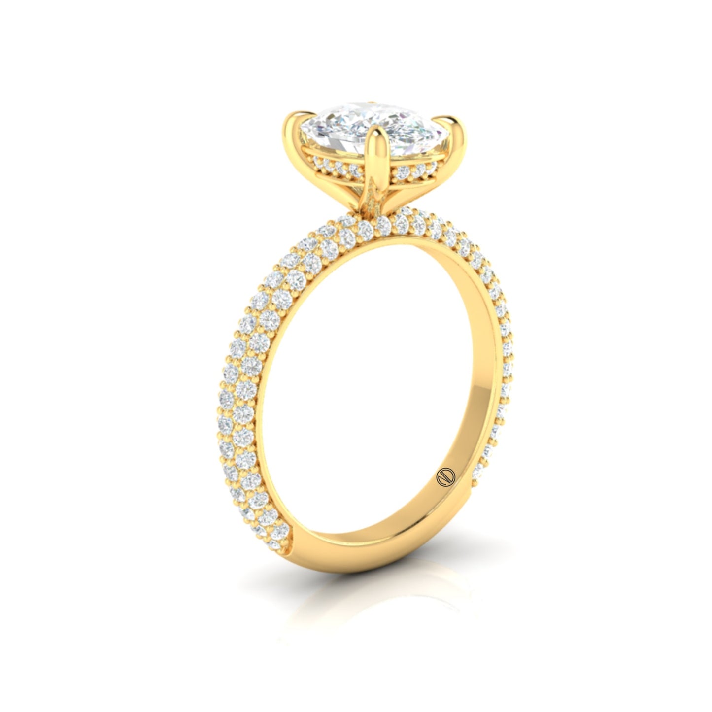 Yellow Gold Cushion Diamond Ring with Pavé Band