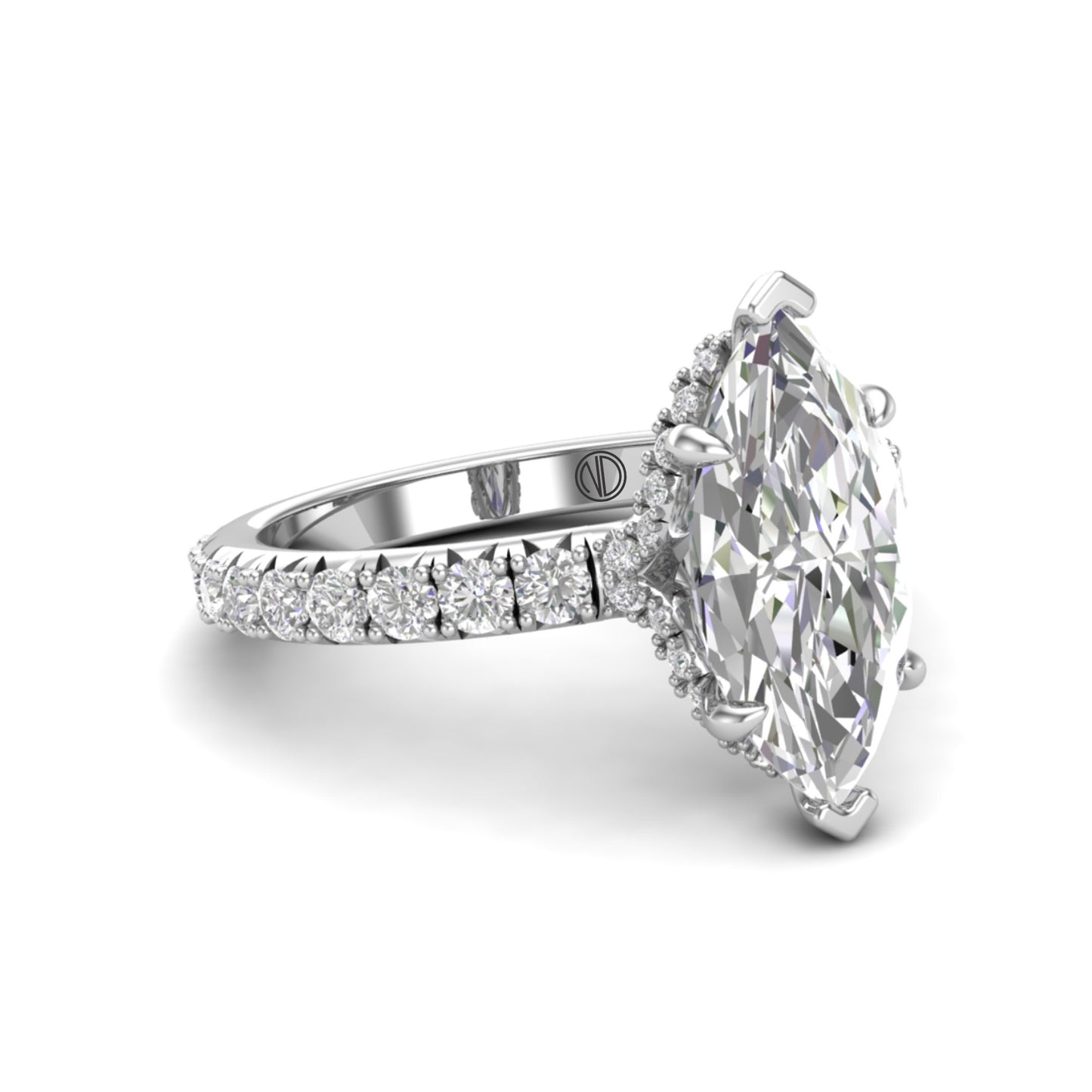 White Gold Marquise Diamond Ring with Pavé Band