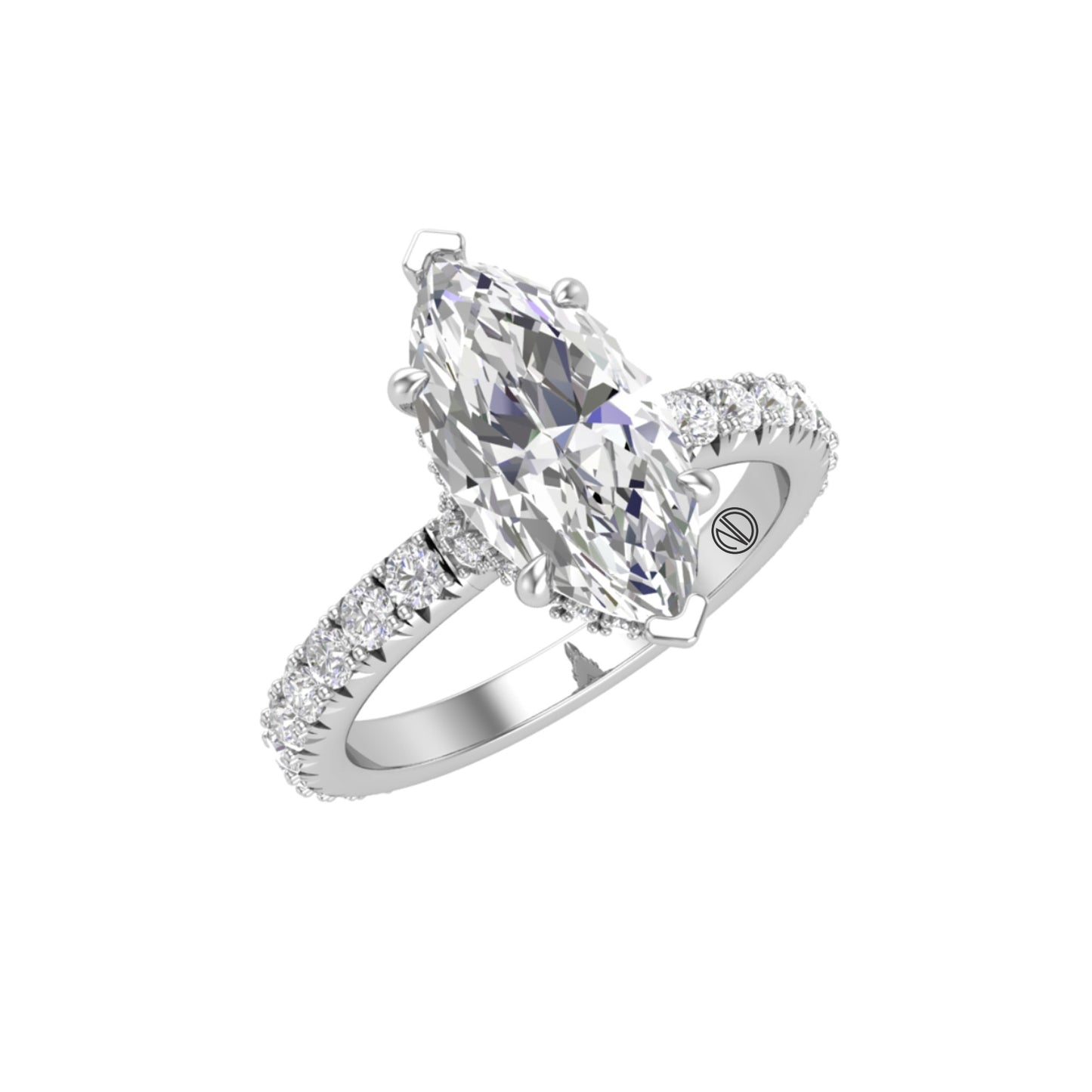 White Gold Marquise Diamond Ring with Pavé Band