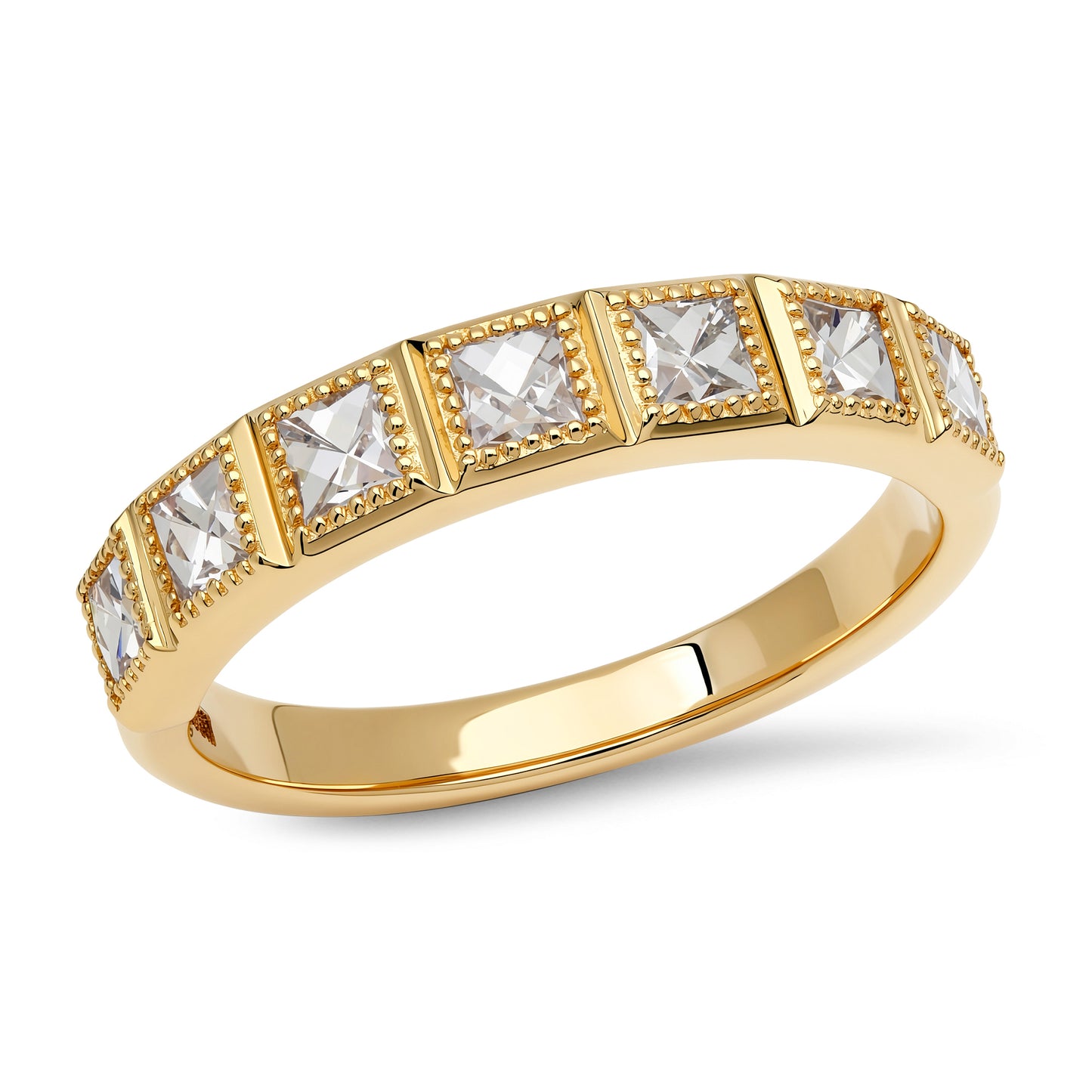 Yellow Gold Milgrain Band Ring with Princess Cut Diamonds