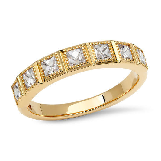 Yellow Gold Milgrain Band Ring with Princess Cut Diamonds